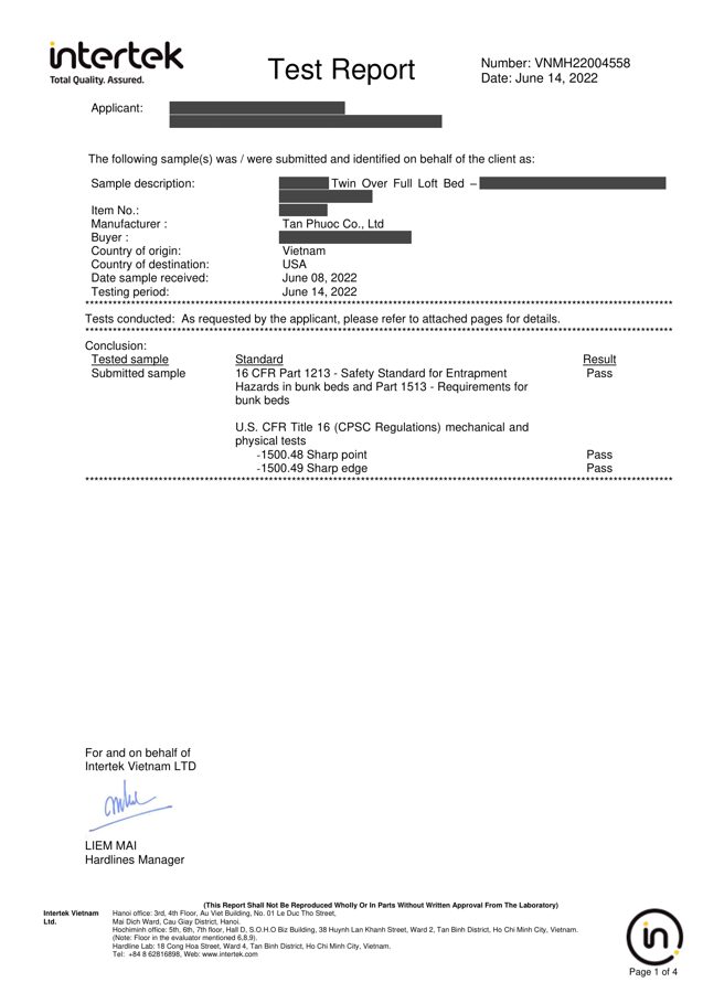 Bunk beds test report