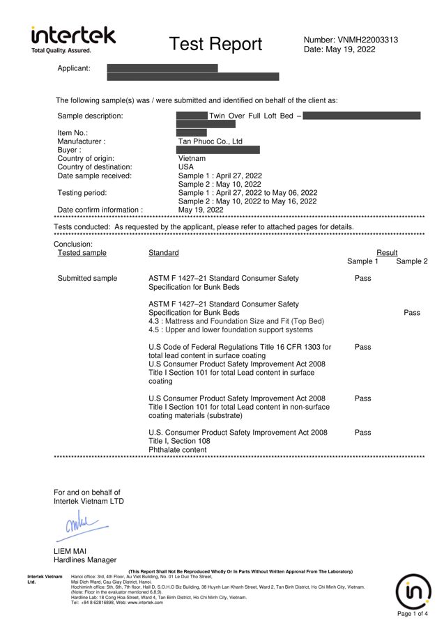 Bunk beds test report