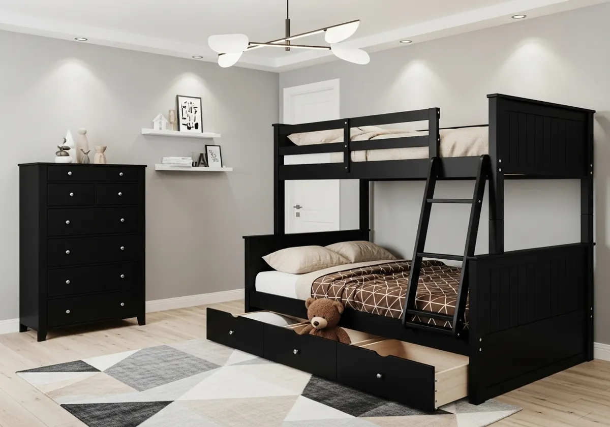 Natural Wood Bunk Bed with Drawers – view 1