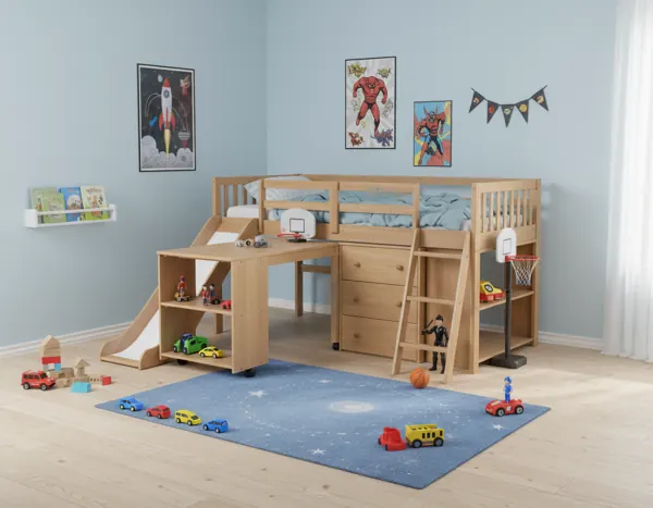 Bunk Bed with Slide & Study Desk