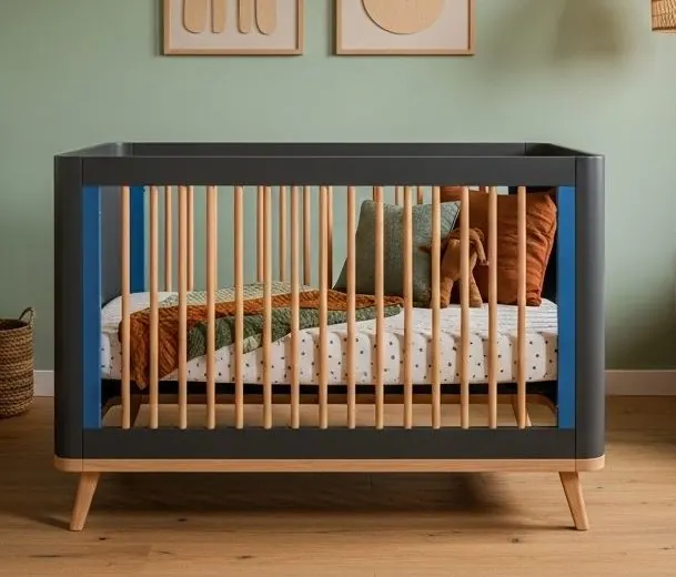 Modern Wooden Crib, Natural & Grey – view 1