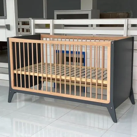 Modern Wooden Crib, Natural & Grey – view 3