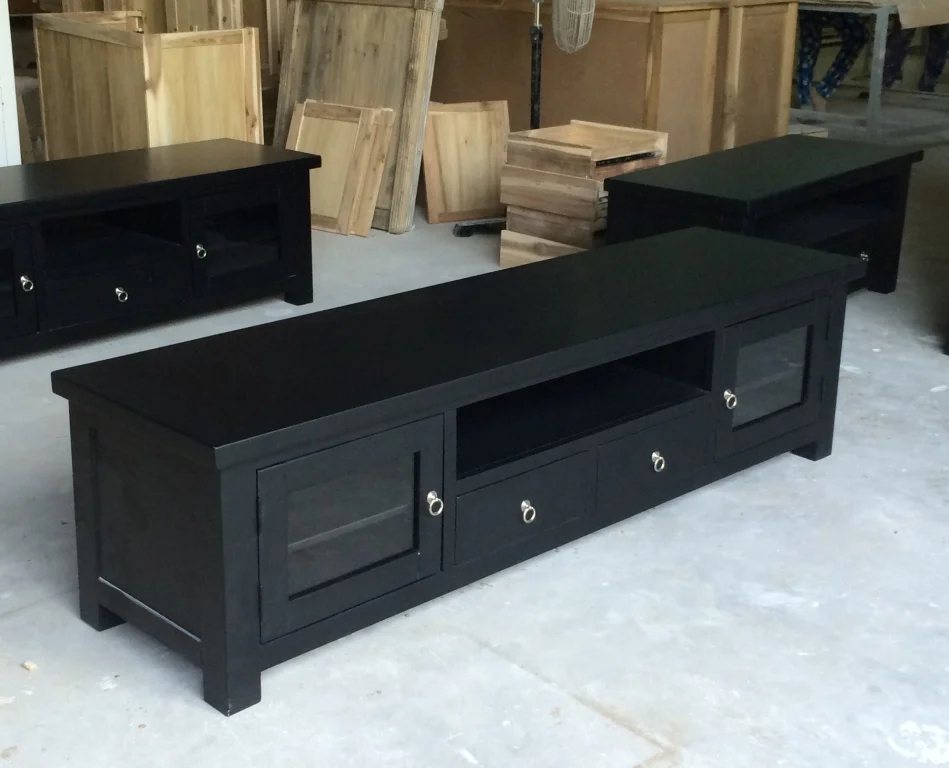 Black TV Cabinet with Glass Doors - TV & Media Units, flat-pack, Tan Phuoc Furniture Vietnam
