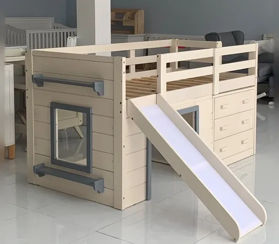 Low Loft Bed with Slide and Drawers - Bunk & Loft Beds by Tan Phuoc Furniture, Vietnam
