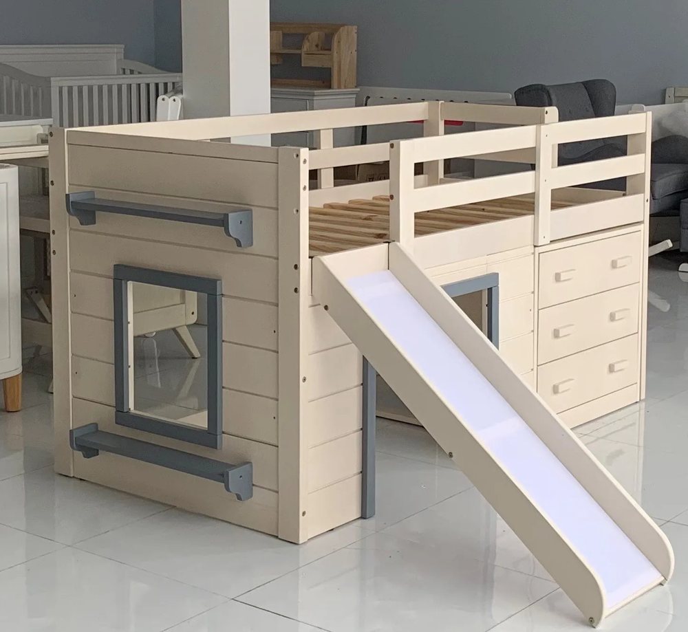 Low Loft Bed with Slide and Drawers - Bunk & Loft Beds, flat-pack, Tan Phuoc Furniture Vietnam