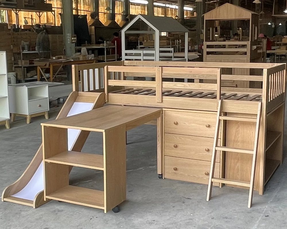 Loft Bed with Study Desk, Drawers & Slide - Bunk & Loft Beds, flat-pack, Tan Phuoc Furniture Vietnam