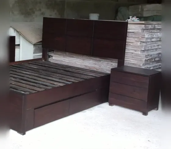 Dark Wood Storage Bed with Bedside Table - Bedroom & Dining by Tan Phuoc Furniture, Vietnam