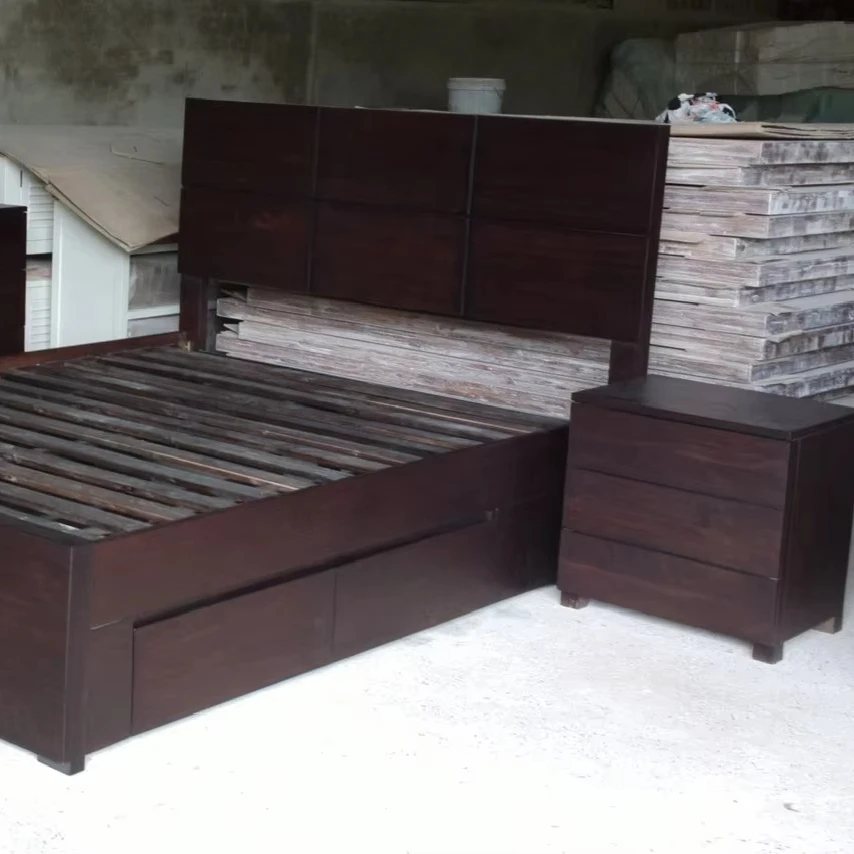 Dark Wood Storage Bed with Bedside Table - Bedroom & Dining, flat-pack, Tan Phuoc Furniture Vietnam