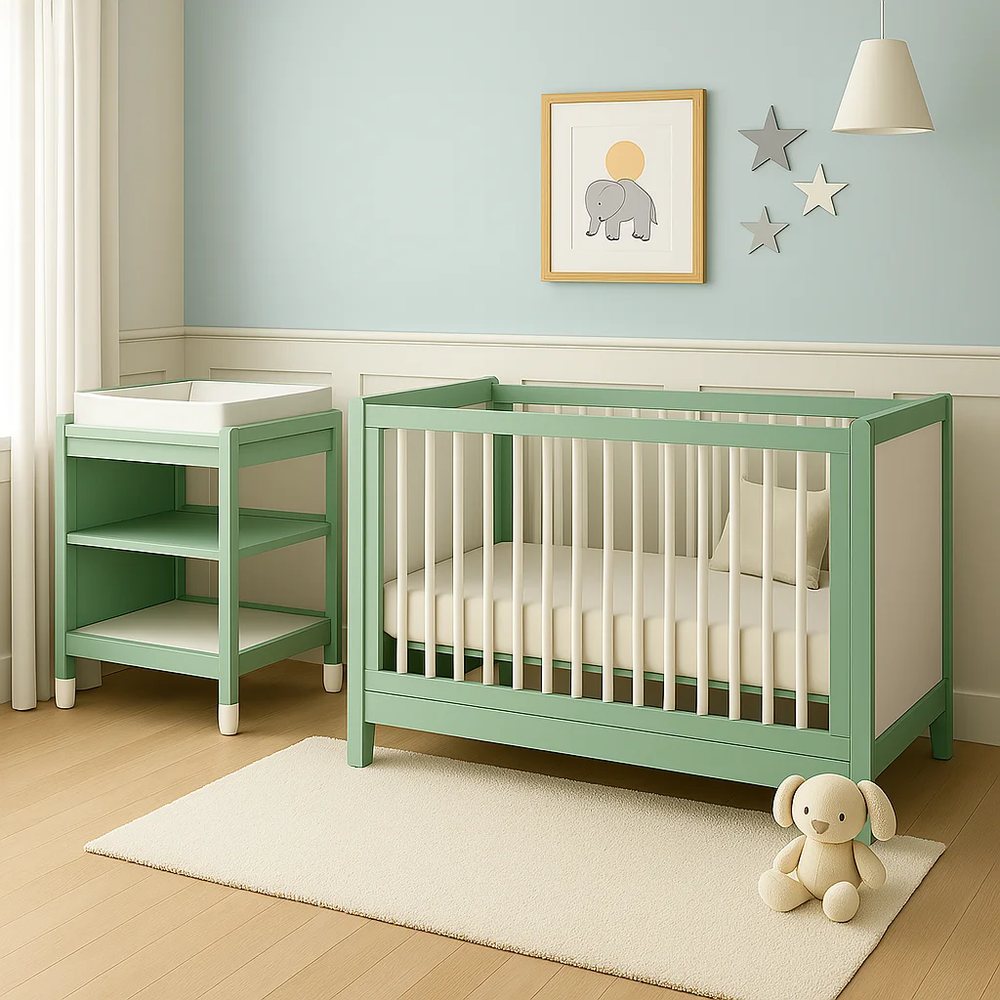 Green Baby Crib with Changing Table - Nursery, flat-pack, Tan Phuoc Furniture Vietnam