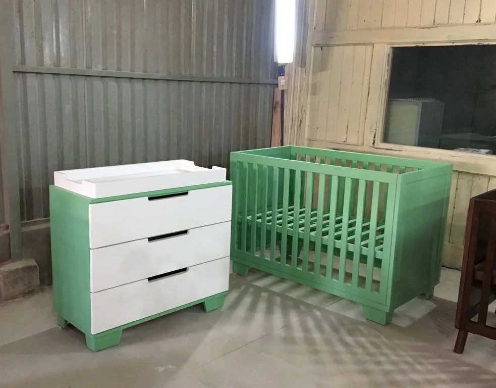 Green & White Nursery Set: Crib & Changing Dresser - Changing Tables & Nursery Sets, flat-pack, Tan Phuoc Furniture Vietnam