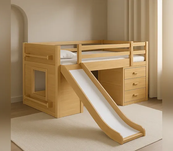 Natural Loft Bed with Slide, Desk and Drawers - Bunk & Loft Beds by Tan Phuoc Furniture, Vietnam