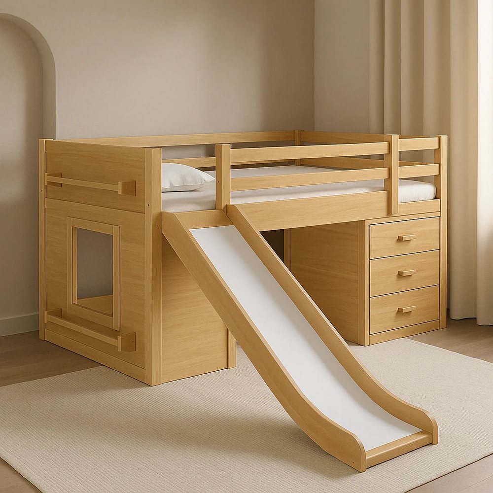 Natural Loft Bed with Slide, Desk and Drawers - Bunk & Loft Beds, flat-pack, Tan Phuoc Furniture Vietnam