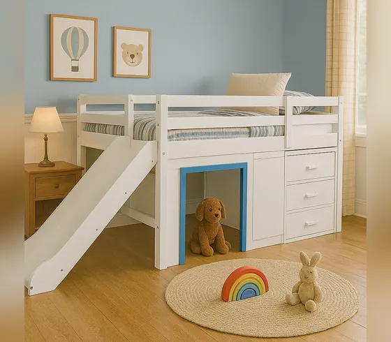 Low Loft Bed with Slide, Drawers and Window - Bunk & Loft Beds by Tan Phuoc Furniture, Vietnam