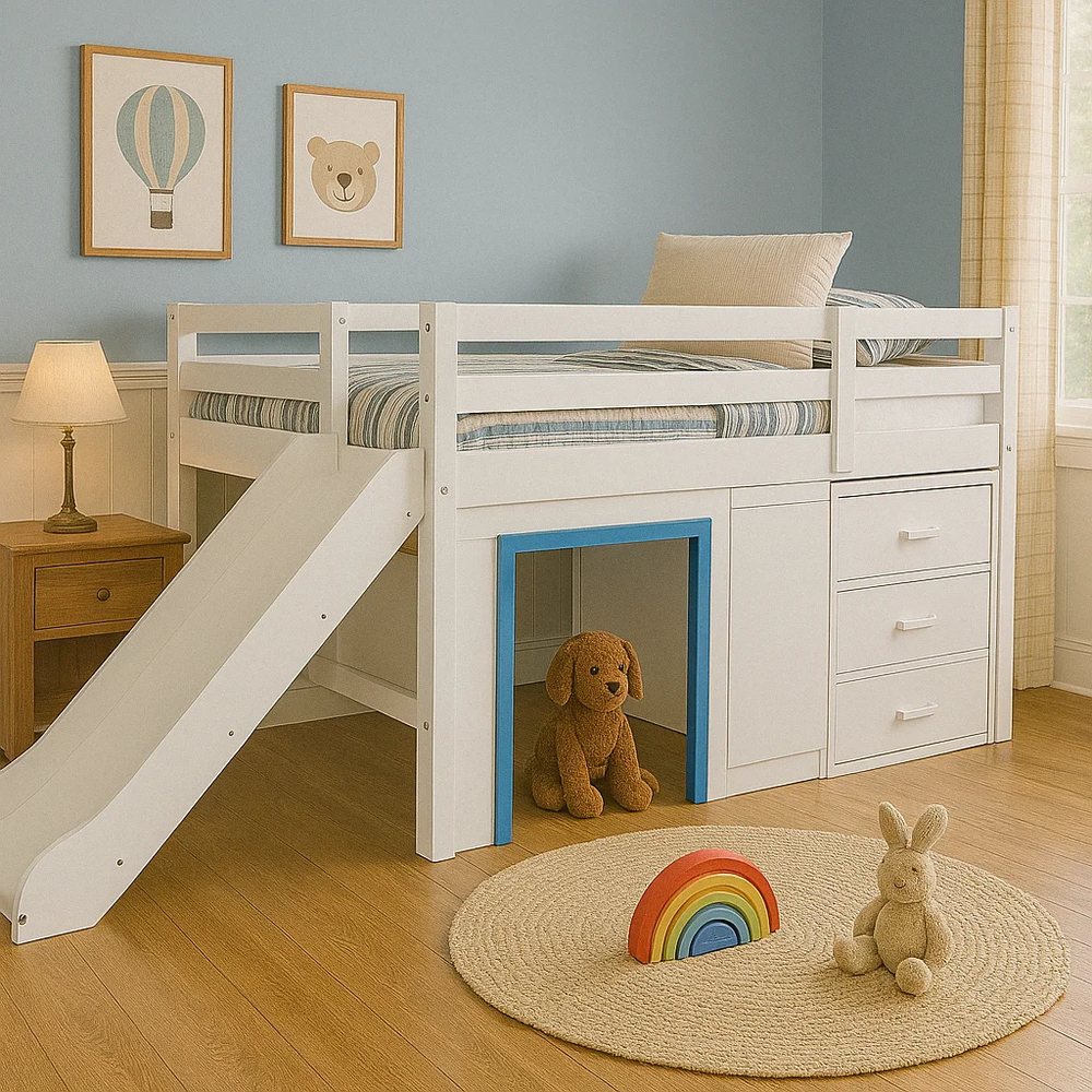 Low Loft Bed with Slide, Drawers and Window - Bunk & Loft Beds, flat-pack, Tan Phuoc Furniture Vietnam