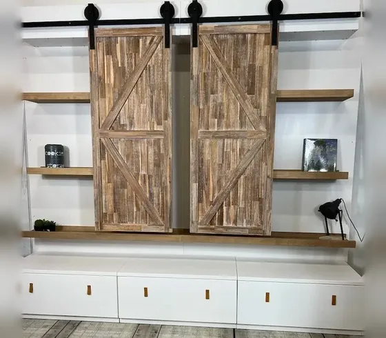 Media Wall Unit with Barn-Style Sliding Doors - TV & Media Units by Tan Phuoc Furniture, Vietnam