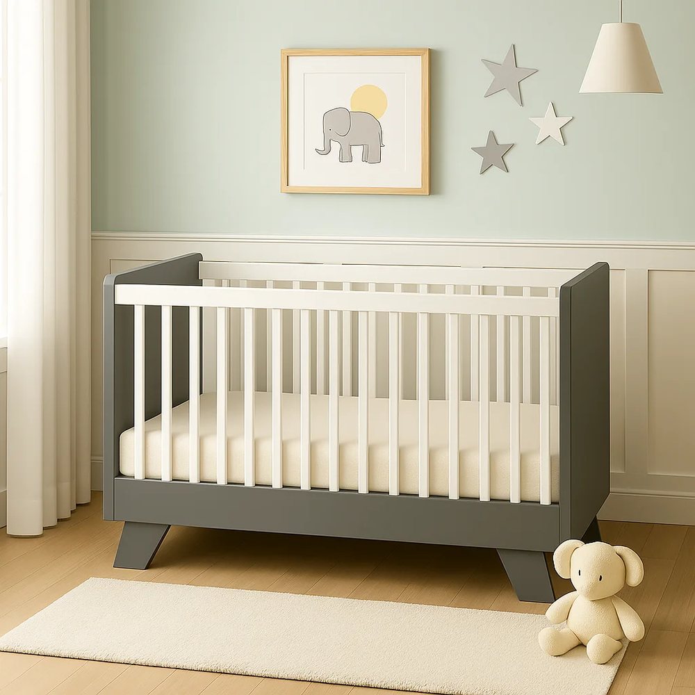 Modern White Cot 311 with Grey Frame - Nursery, flat-pack, Tan Phuoc Furniture Vietnam