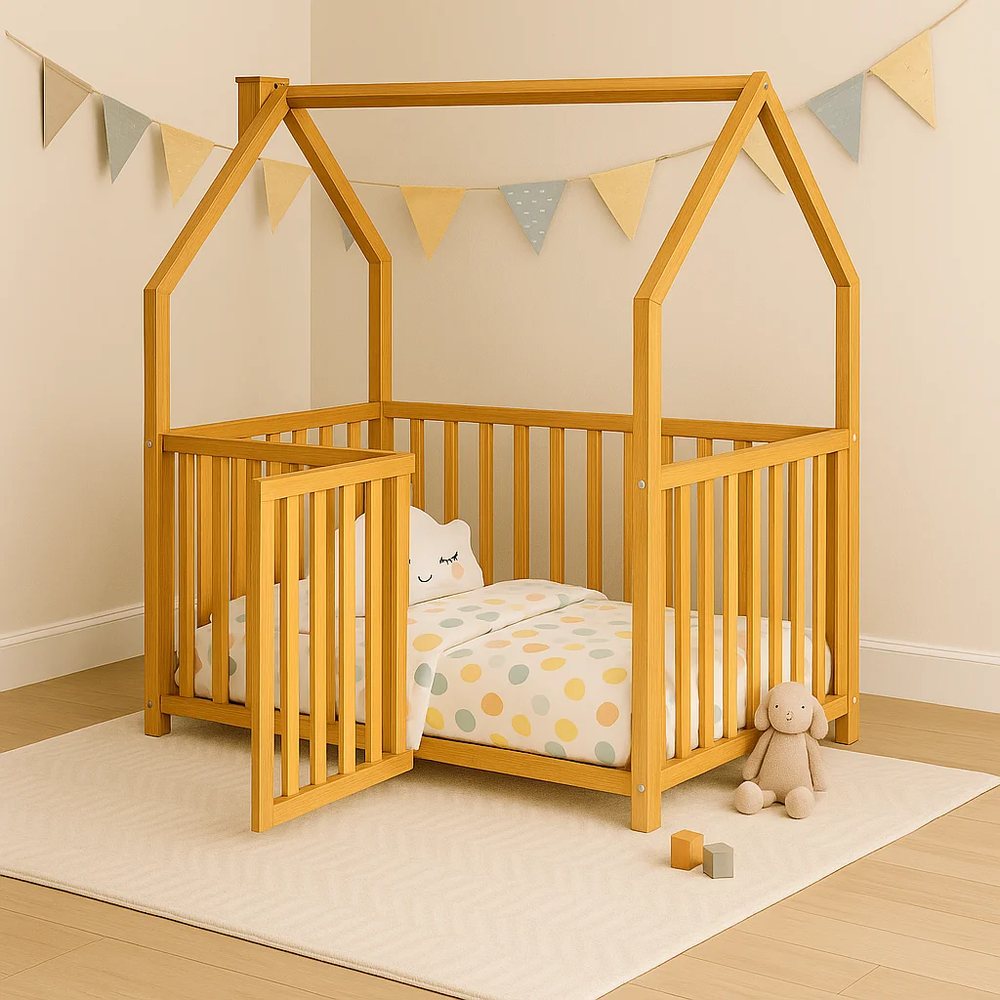 Natural Pine House Bed with Roof, Twin - Kids' Beds, flat-pack, Tan Phuoc Furniture Vietnam