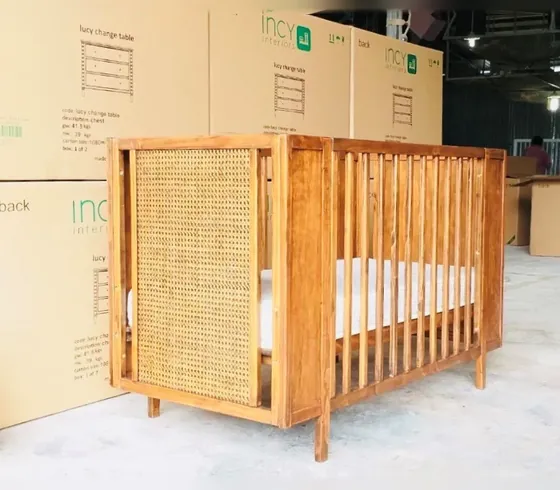 Natural Wood Baby Crib with Rattan Panel and Toddler-Bed Kit - Cribs & Cots by Tan Phuoc Furniture, Vietnam