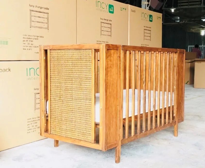 Natural Wood Baby Crib with Rattan Panel and Toddler-Bed Kit - Cribs & Cots, flat-pack, Tan Phuoc Furniture Vietnam