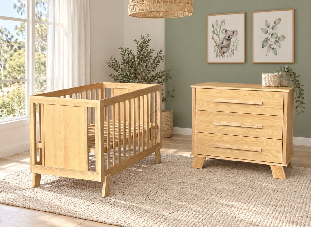 Natural Wood Crib & 3-Drawer Dresser Set, Splayed Legs - Nursery, flat-pack, Tan Phuoc Furniture Vietnam