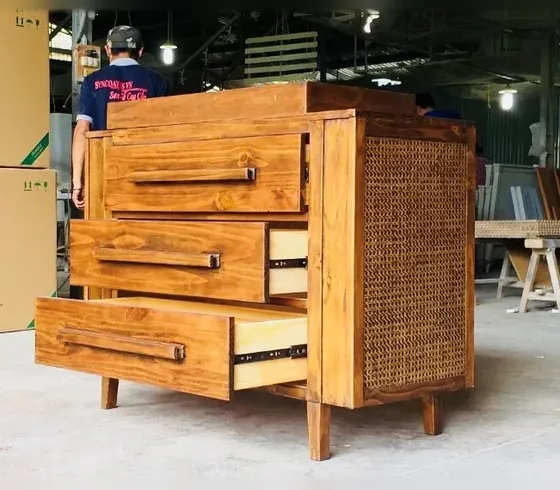 Rustic Wooden Dresser with Rattan Side Panel - Dressers & Storage by Tan Phuoc Furniture, Vietnam