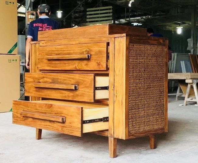 Rustic Wooden Dresser with Rattan Side Panel - Dressers & Storage, flat-pack, Tan Phuoc Furniture Vietnam
