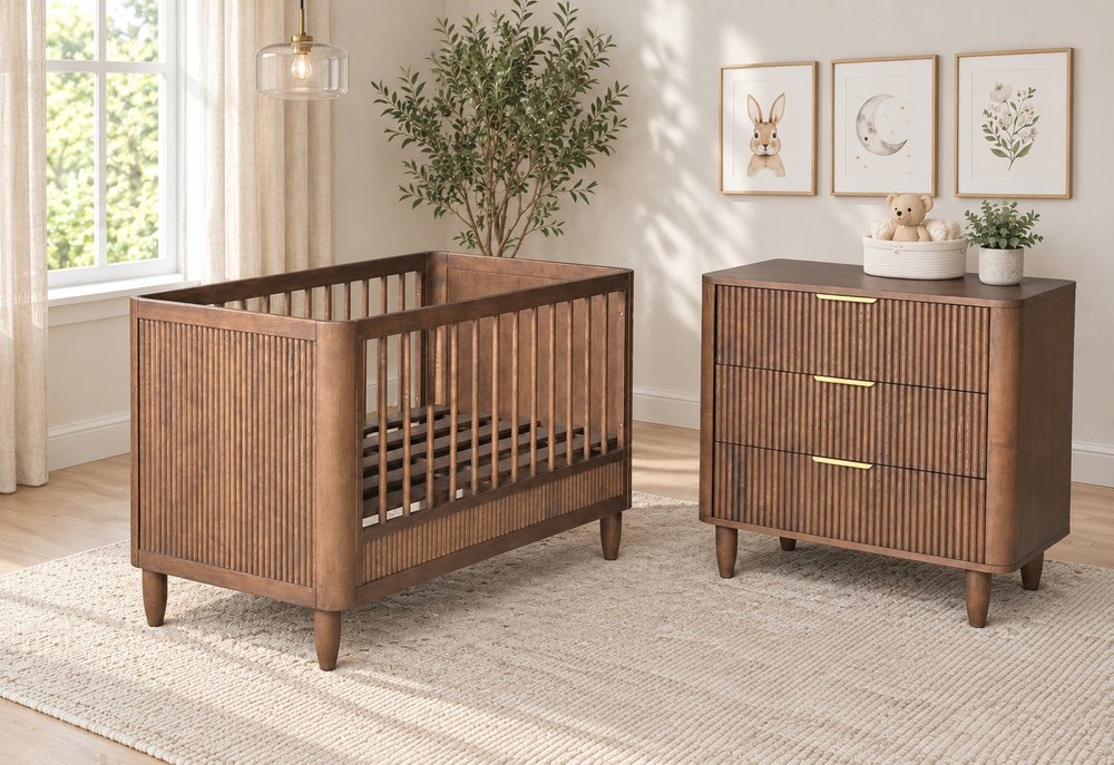 Walnut-Finish Fluted Crib & 3-Drawer Dresser Set - Nursery, flat-pack, Tan Phuoc Furniture Vietnam