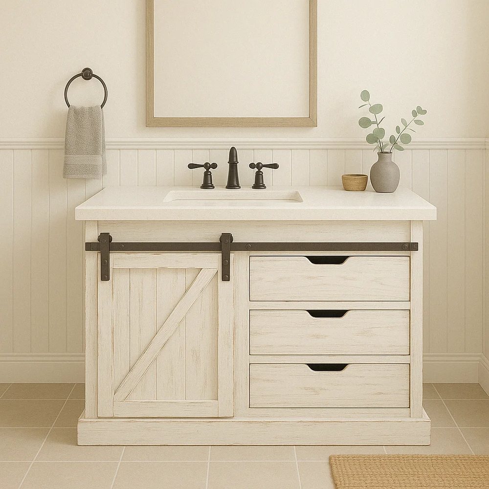 48-Inch Vanity with White Barn Door - Bathroom Vanities, flat-pack, Tan Phuoc Furniture Vietnam