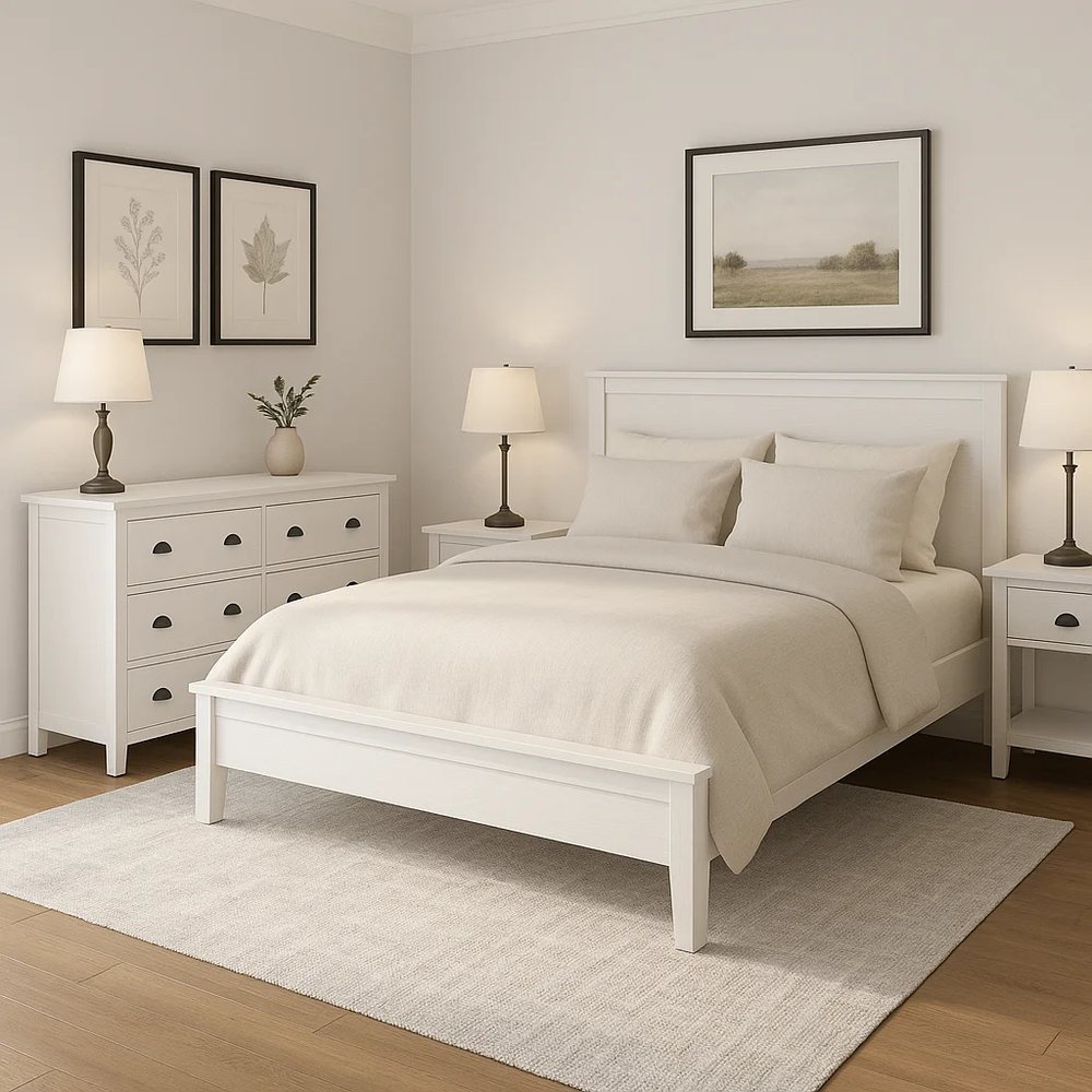 White Bed, Dresser and Nightstand Set - Bedroom & Dining, flat-pack, Tan Phuoc Furniture Vietnam