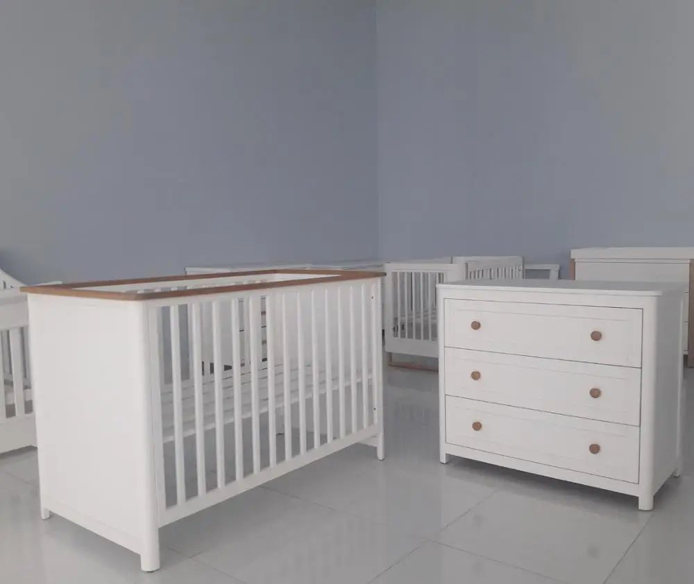 White Crib & 3-Drawer Dresser Set - Changing Tables & Nursery Sets, flat-pack, Tan Phuoc Furniture Vietnam