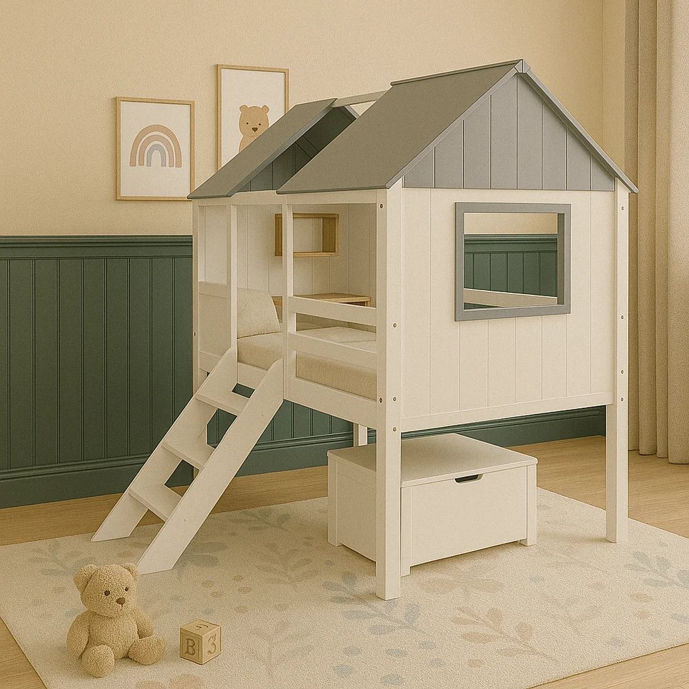 White House Loft Bed with Stairs and Storage - Bunk & Loft Beds, flat-pack, Tan Phuoc Furniture Vietnam