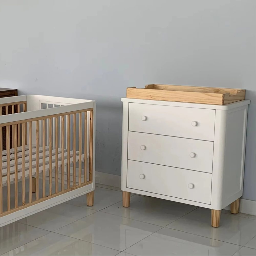 White Nursery Set: Crib & 3-Drawer Changing Dresser - Changing Tables & Nursery Sets, flat-pack, Tan Phuoc Furniture Vietnam