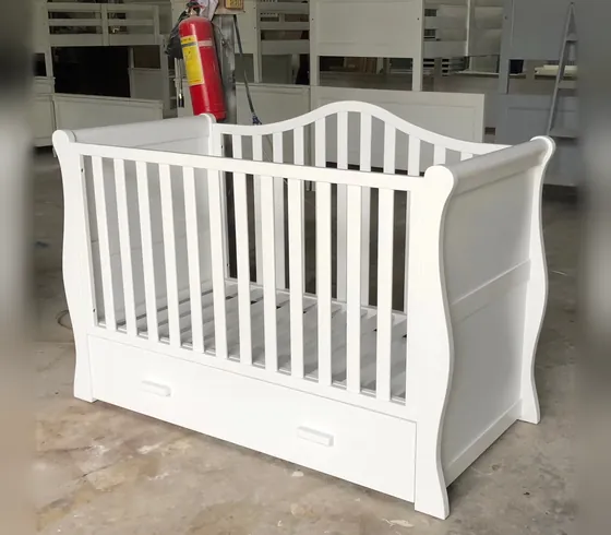 White Sleigh Baby Crib with Drawer - Cribs & Cots by Tan Phuoc Furniture, Vietnam