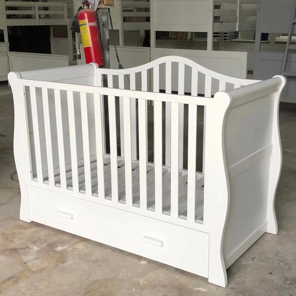 White Sleigh Baby Crib with Drawer - Cribs & Cots, flat-pack, Tan Phuoc Furniture Vietnam