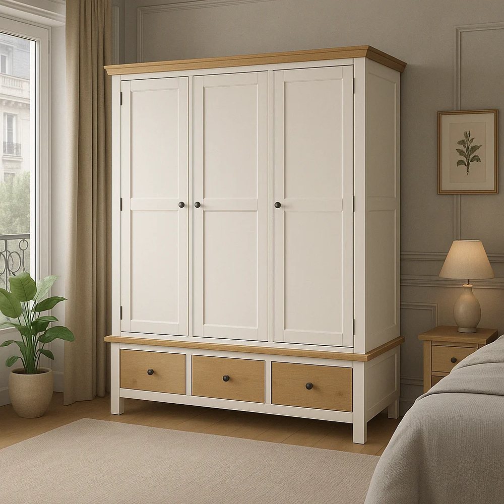 White Wardrobe with Oak Top and Drawers - Dressers & Storage, flat-pack, Tan Phuoc Furniture Vietnam