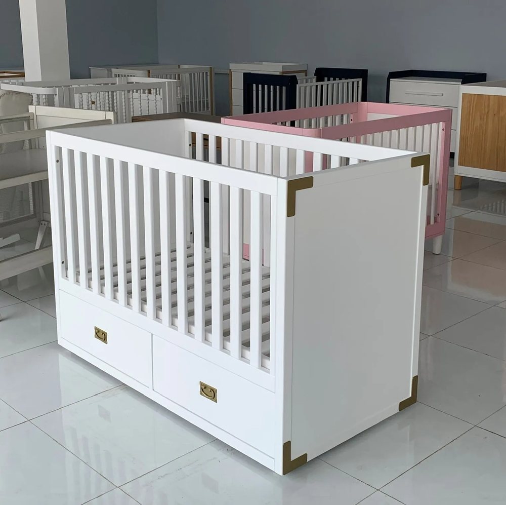 White Wooden Cot 88 with Drawers - Cribs & Cots, flat-pack, Tan Phuoc Furniture Vietnam