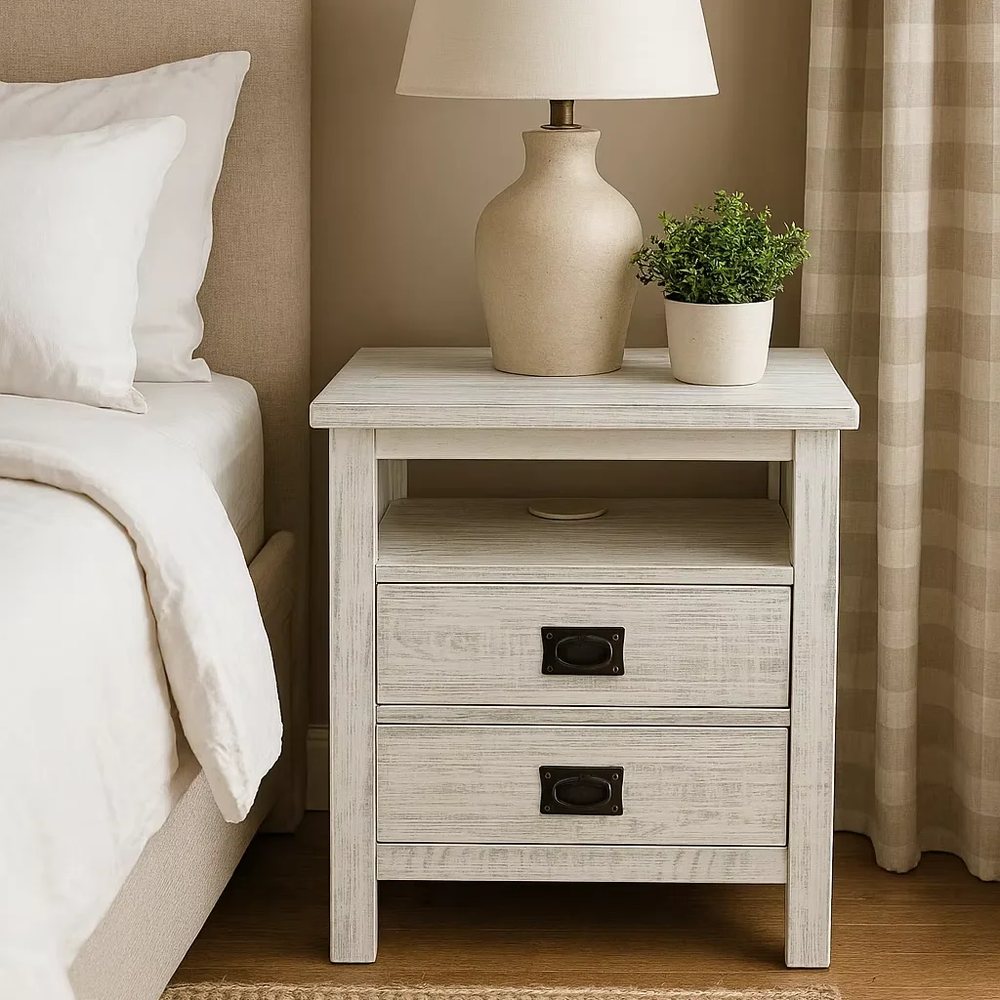 Whitewash Nightstand with 2 Drawers - Nightstands, flat-pack, Tan Phuoc Furniture Vietnam