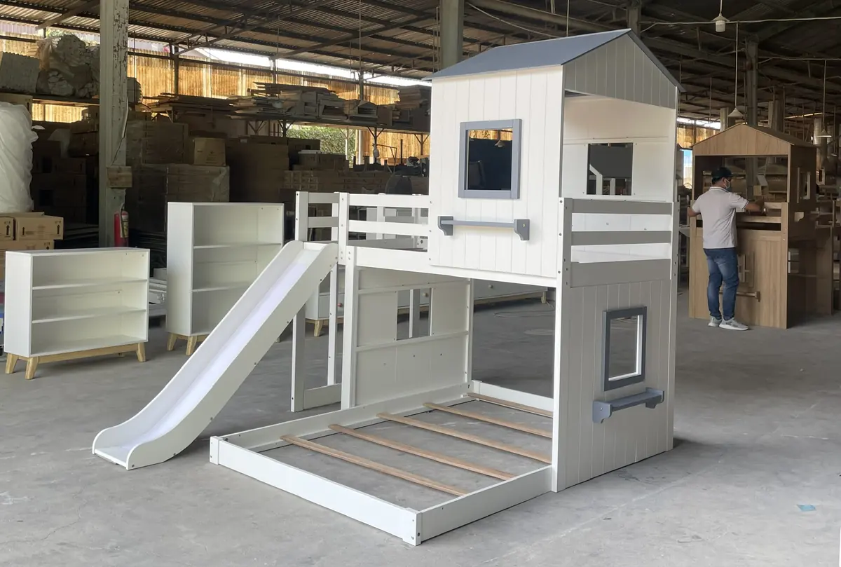 White children's loft bed with slide
