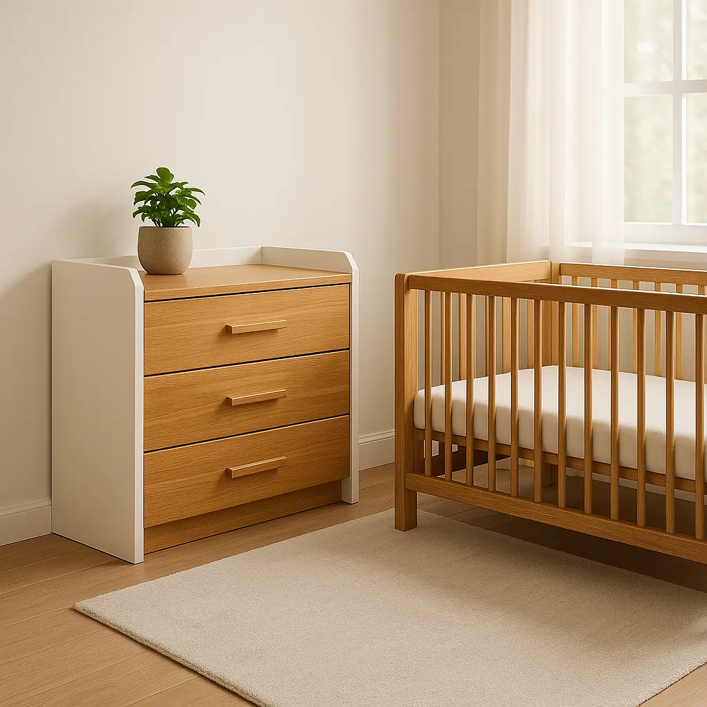 Wood-tone crib and dresser in a nursery