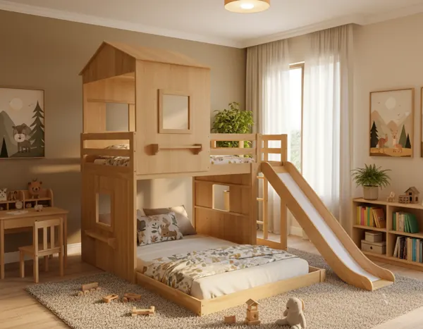 Wooden House Bunk Bed with Slide