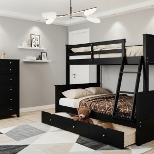 🌟 Natural Wood Bunk Bed with Drawer Cabinet – Convenient & Luxurious