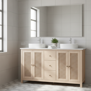 Natural wood bathroom cabinet with rattan door